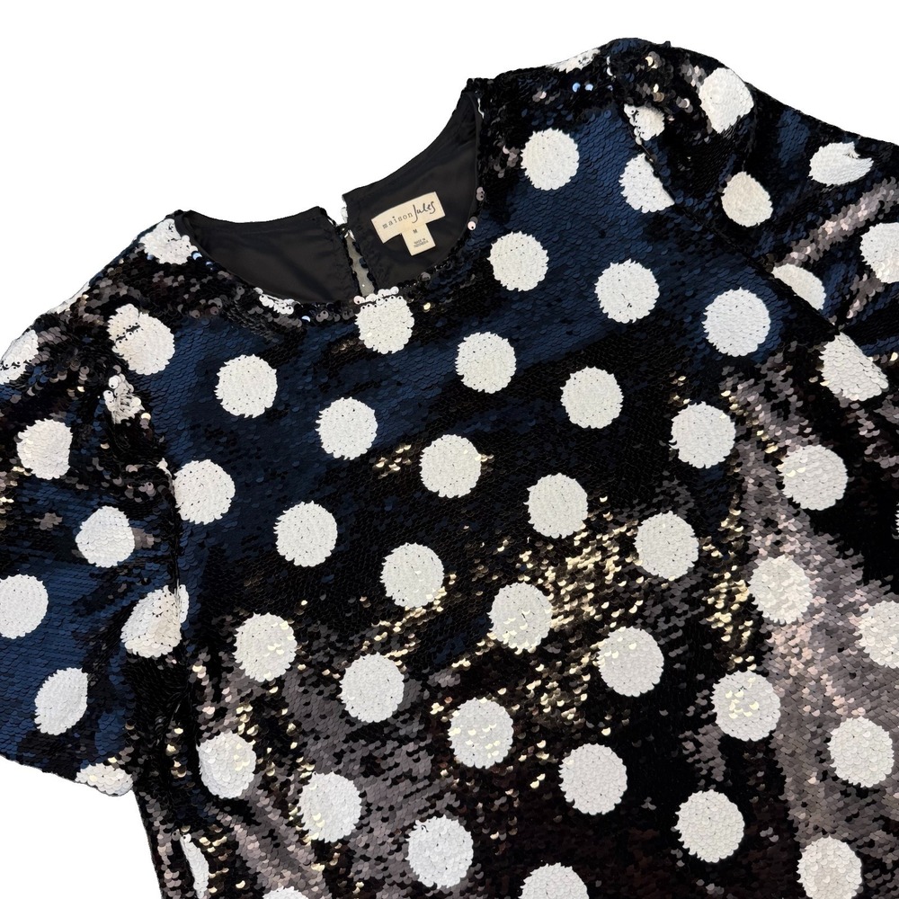 Maison Jules Black With White Polka Dots Sequined Short Sleeve Women's Top S EUC